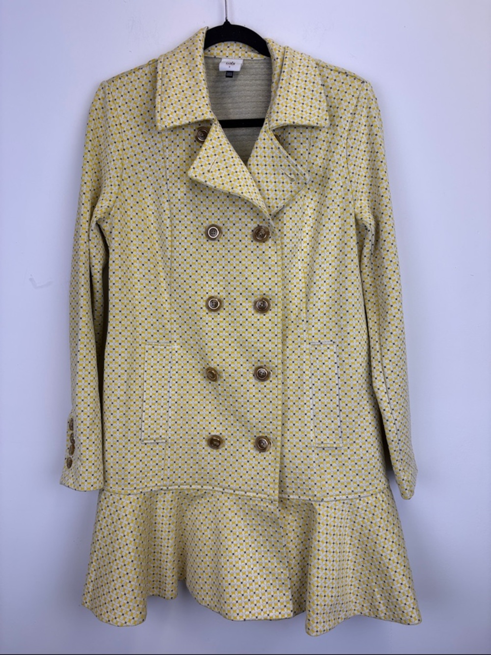 Cabi Hobnob Topper Coat #6249 Yellow Tweed Ruffle Hem Peplum Jacket Size S